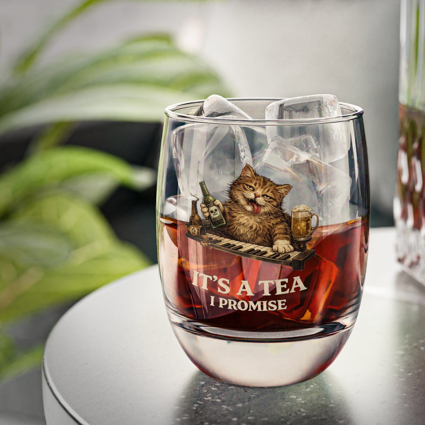 Cat Drinking Whiskey Stemless Glass — “It’s a Tea” Funny Barware Gift