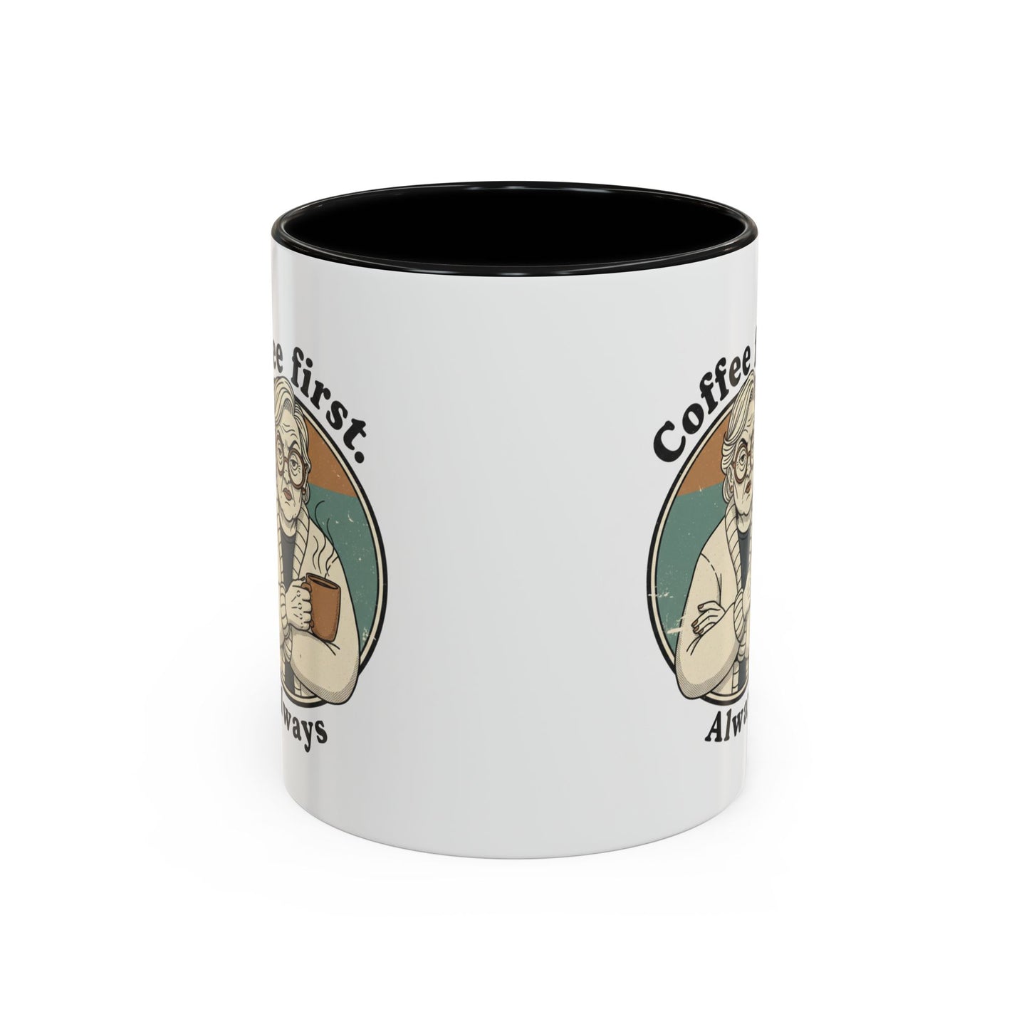 Taza de café — "El café primero, siempre" Taza de cerámica vintage con detalles de abuela (11/15 oz)