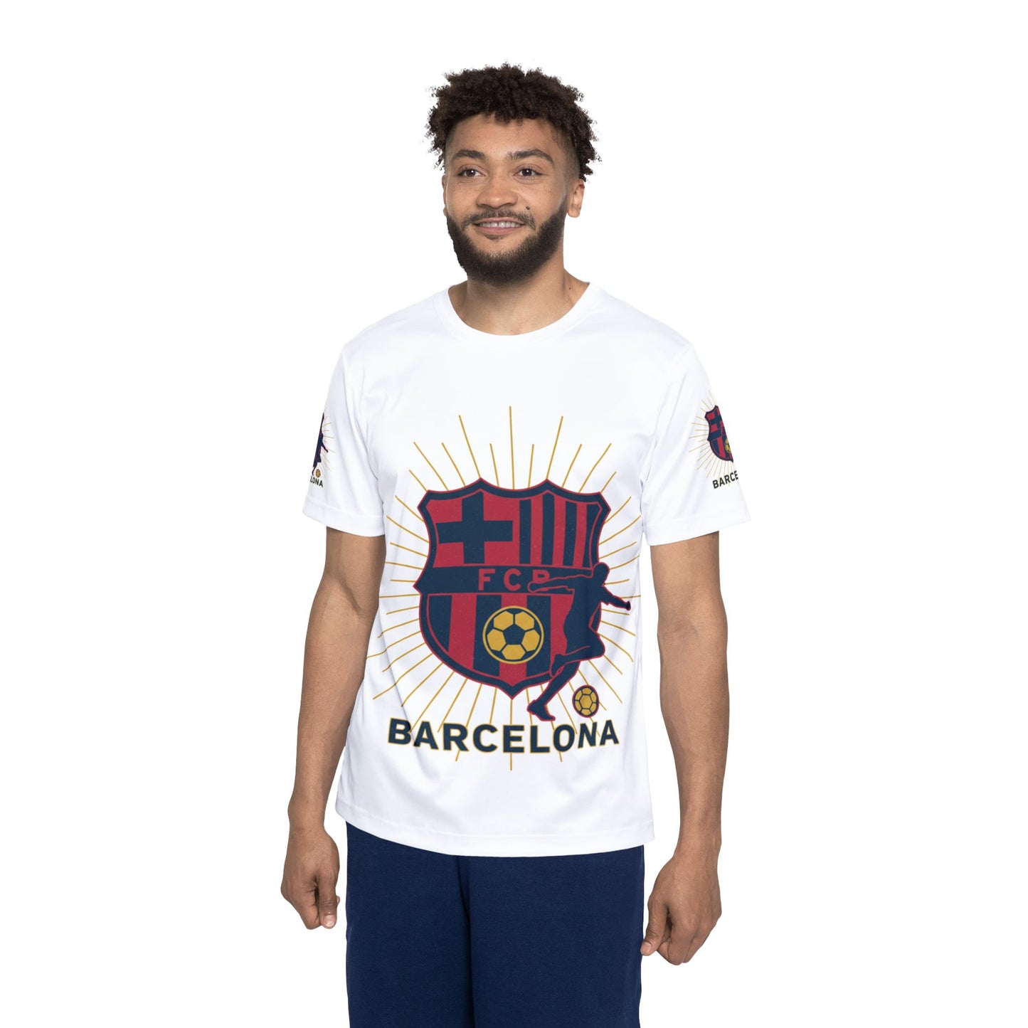 Camiseta de fútbol del Barcelona — Camiseta de fútbol para hombre con escudo y silueta de jugador