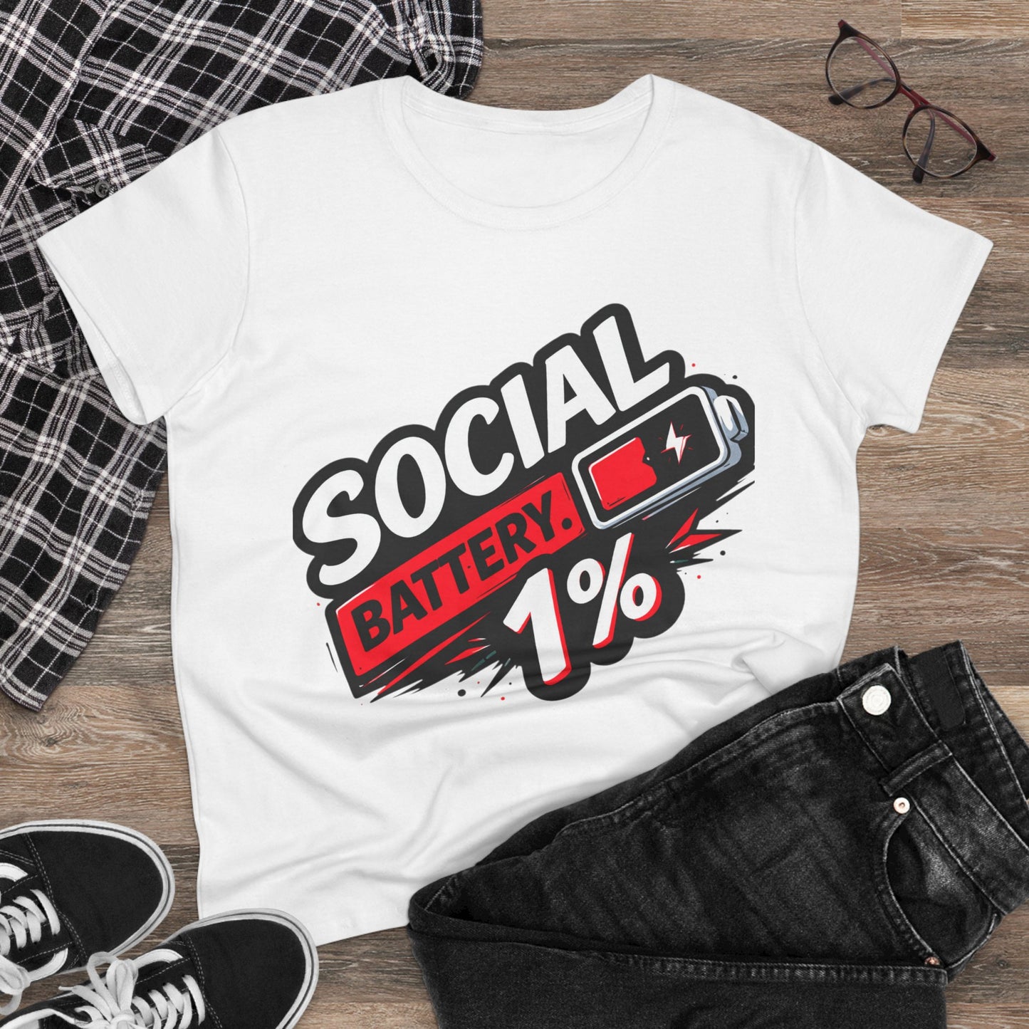 Social Battery 1% Women's T‑Shirt — Introvert Funny Graphic Tee