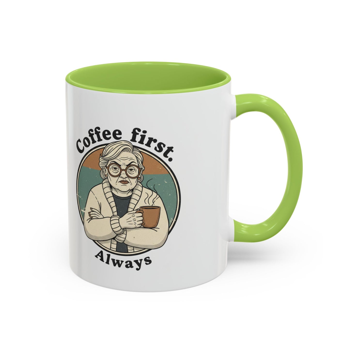 Taza de café — "El café primero, siempre" Taza de cerámica vintage con detalles de abuela (11/15 oz)