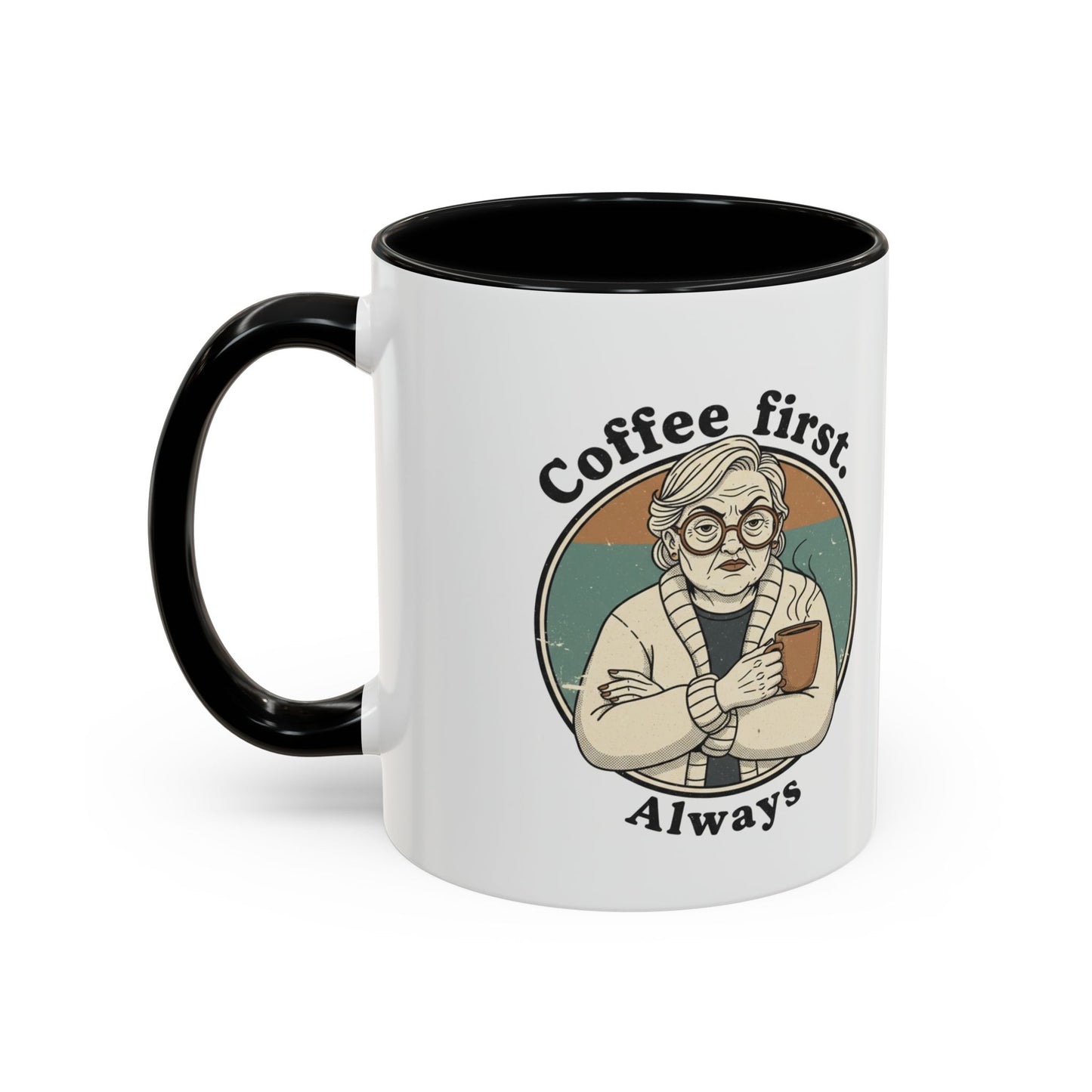 Taza de café — "El café primero, siempre" Taza de cerámica vintage con detalles de abuela (11/15 oz)