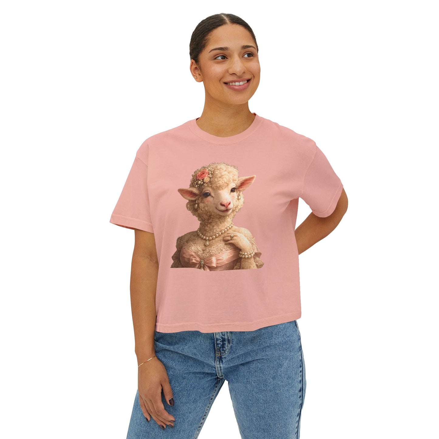 Camiseta cuadrada para mujer: Camisa gráfica con retrato de cordero glamoroso vintage