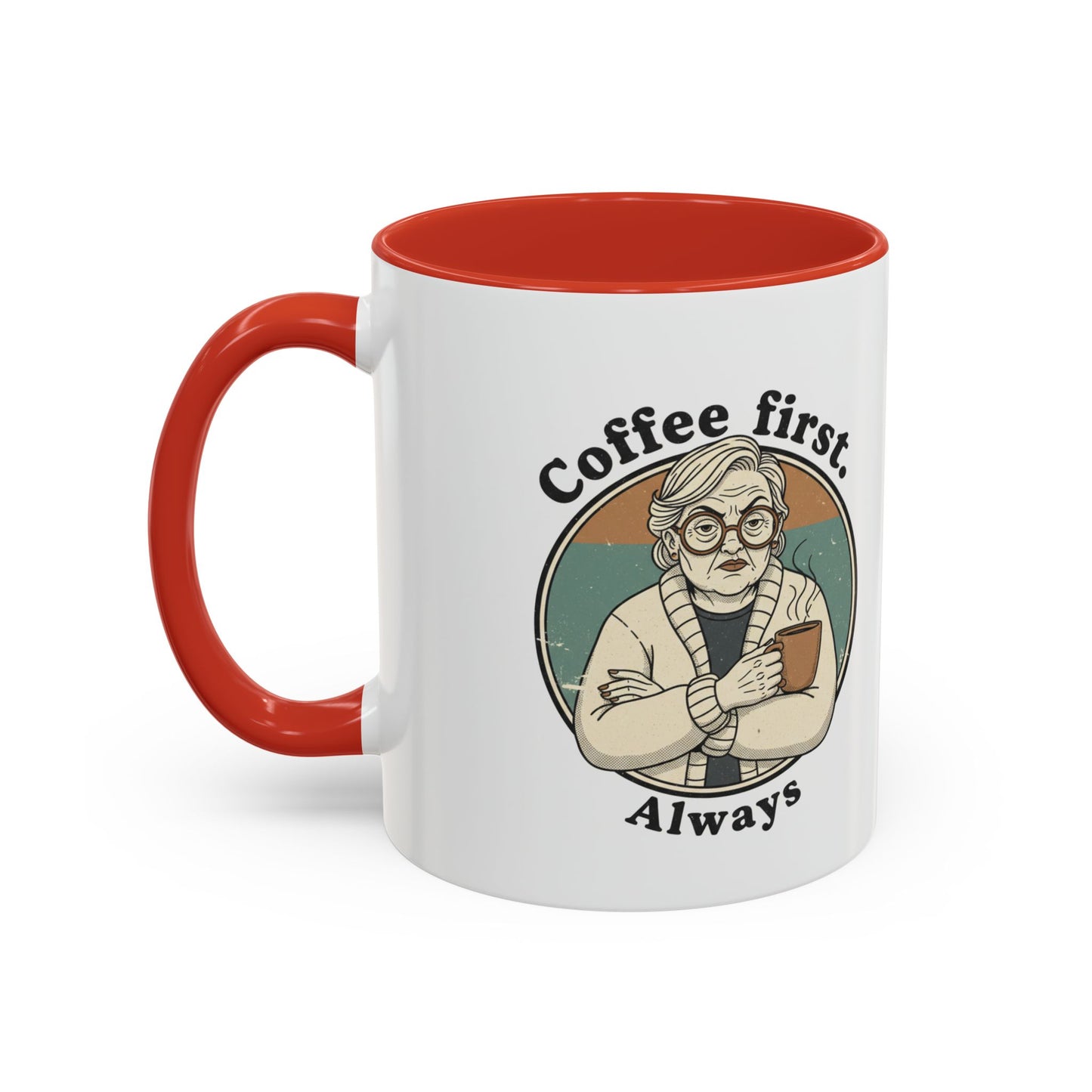 Taza de café — "El café primero, siempre" Taza de cerámica vintage con detalles de abuela (11/15 oz)