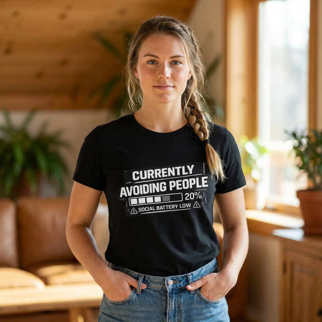 Currently Avoiding People T-Shirt — "Social Battery Low 20%" Graphic Tee