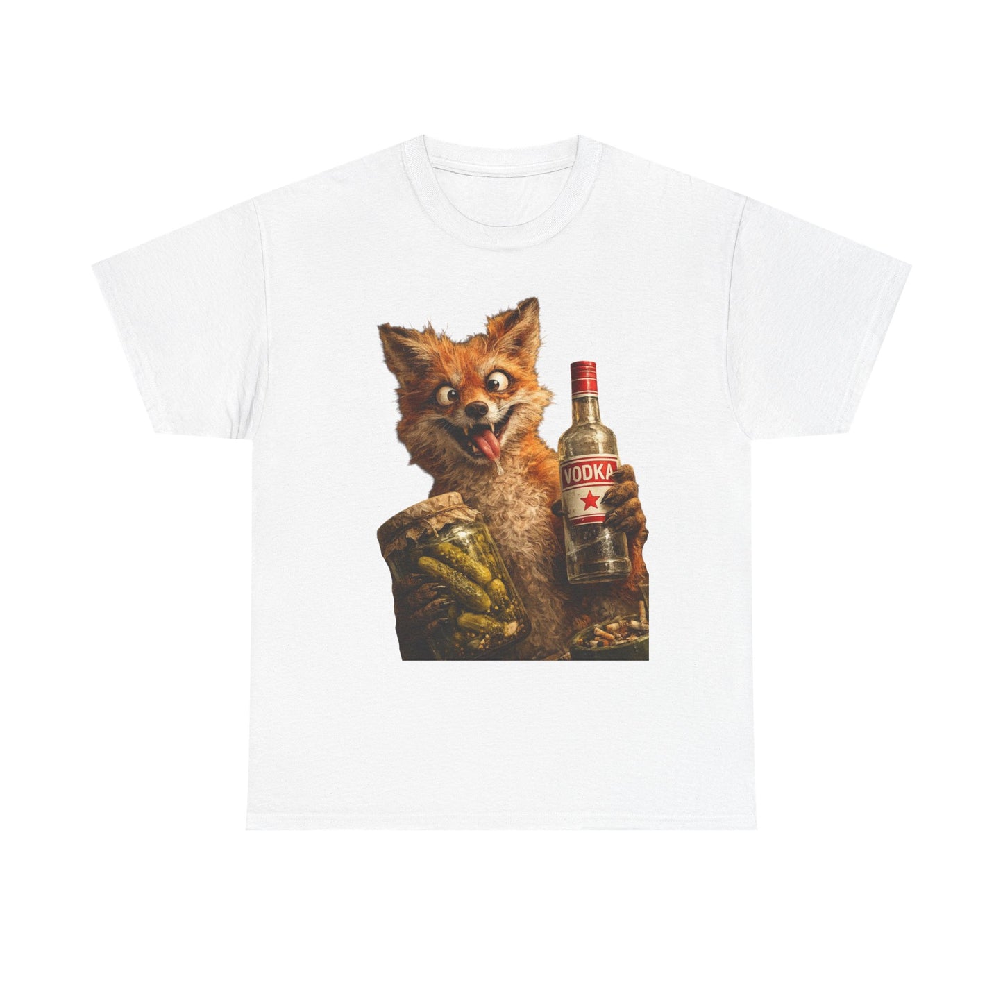 Fox Holding Vodka Bottle T-Shirt — Funny Retro Animal Drinking Tee