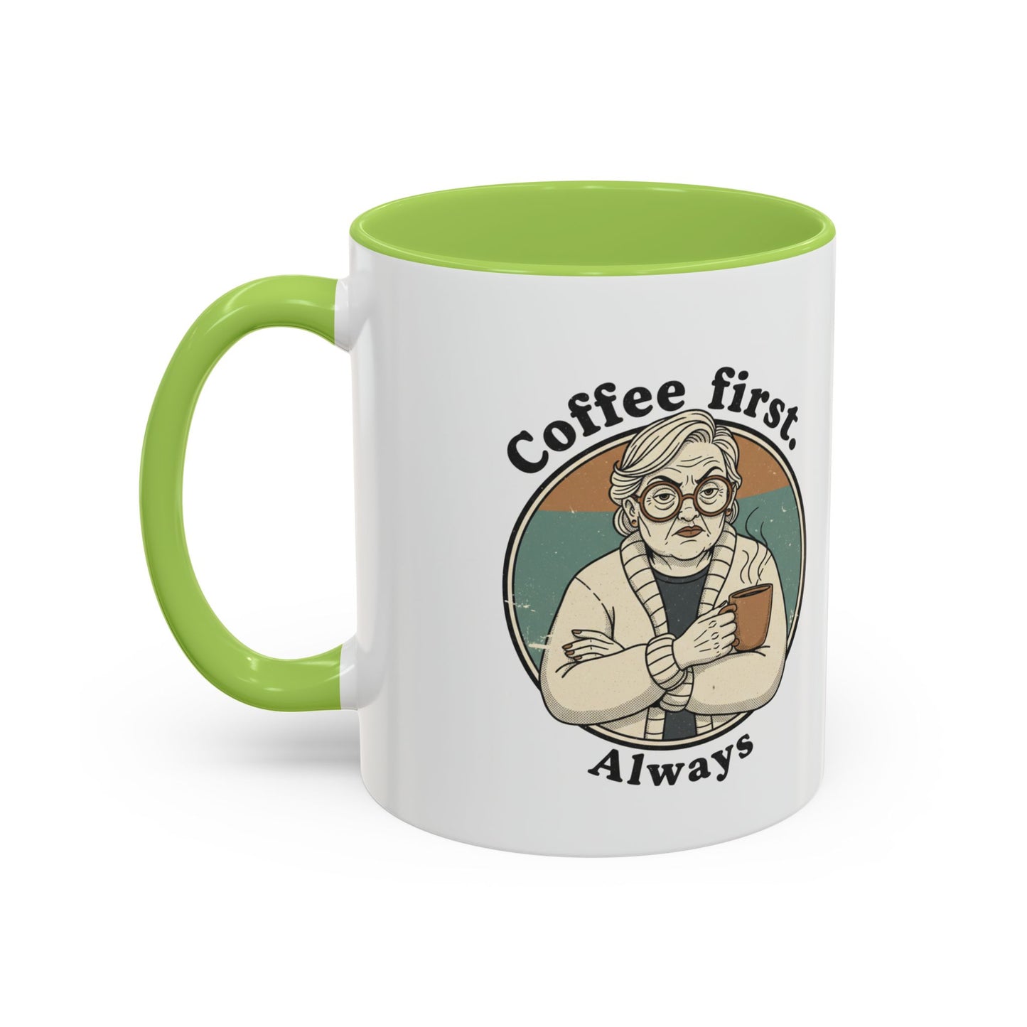 Taza de café — "El café primero, siempre" Taza de cerámica vintage con detalles de abuela (11/15 oz)