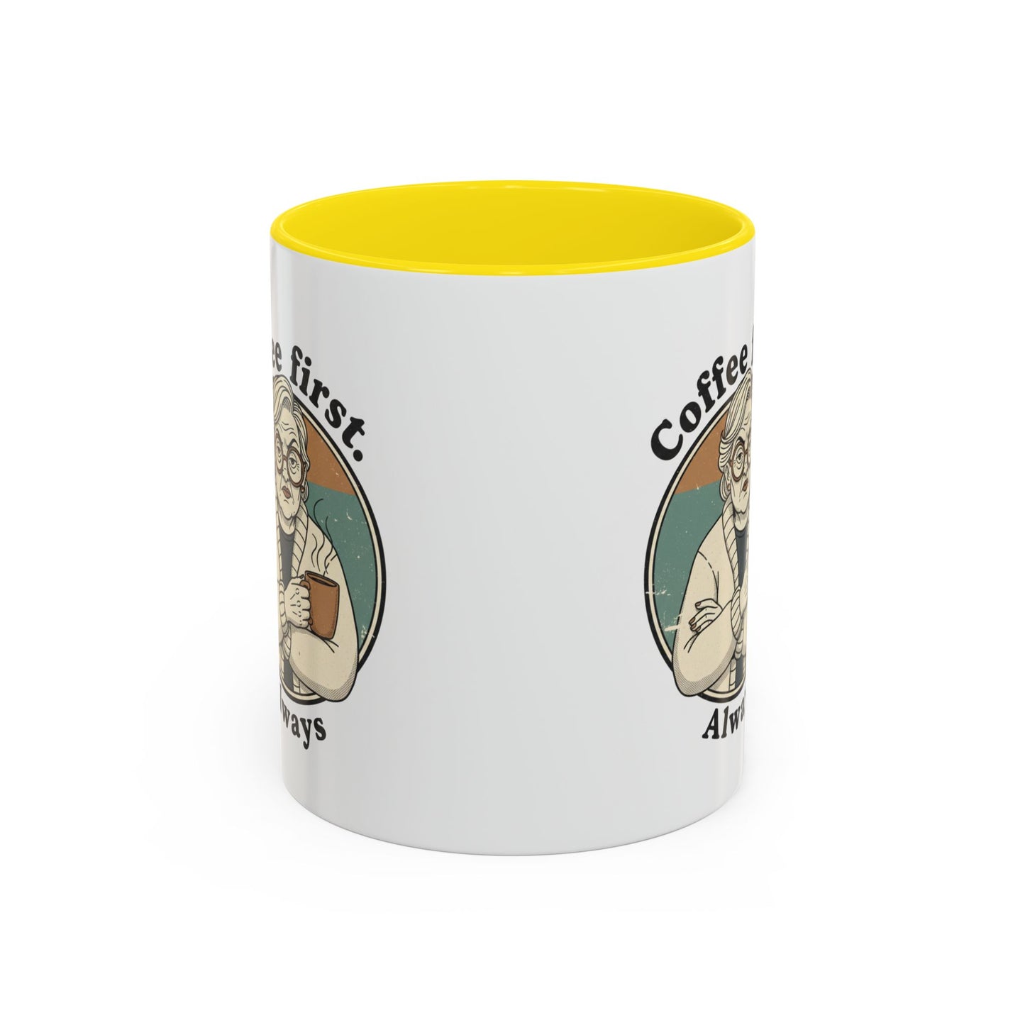 Taza de café — "El café primero, siempre" Taza de cerámica vintage con detalles de abuela (11/15 oz)