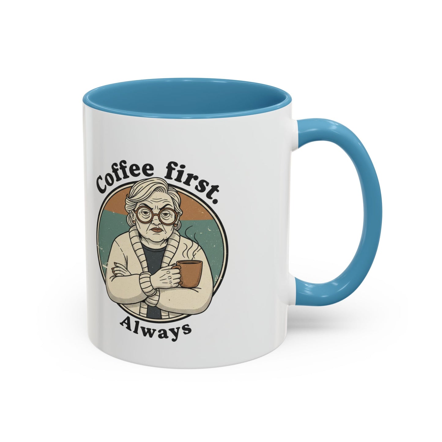 Taza de café — "El café primero, siempre" Taza de cerámica vintage con detalles de abuela (11/15 oz)