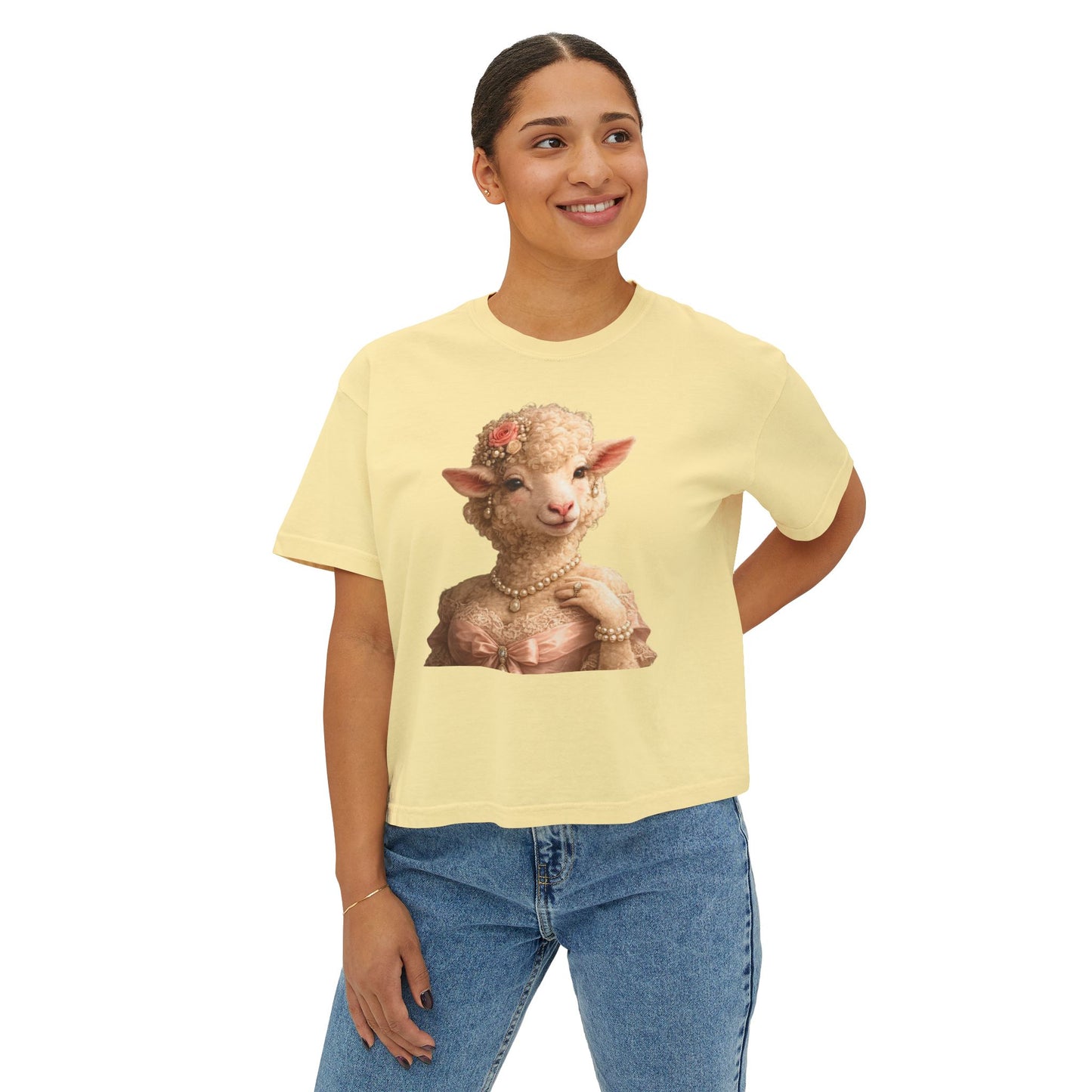 Camiseta cuadrada para mujer: Camisa gráfica con retrato de cordero glamoroso vintage