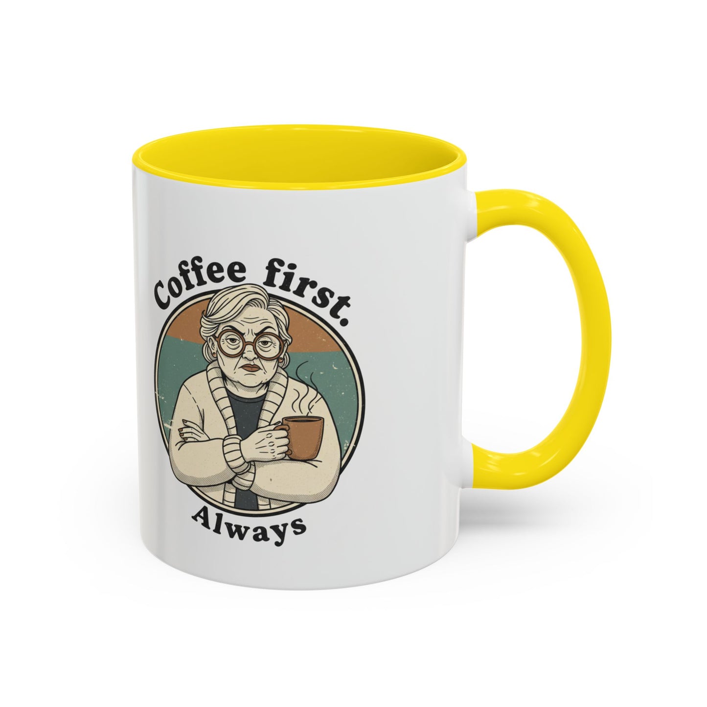 Taza de café — "El café primero, siempre" Taza de cerámica vintage con detalles de abuela (11/15 oz)